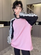 RR fashion 长袖T恤女2024夏季侧条纹拼接蕾丝蝴蝶结圆领上衣