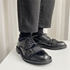 @guoan~韩版潮流休闲皮鞋男搭扣，设计暗黑系带百搭低帮皮鞋子男潮
