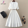 夏装气质优雅高端女装中长款收腰大摆裙白色，短袖蕾丝连衣裙子