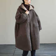 大码女装秋冬文艺复古宽松连帽羊羔毛大衣(毛，大衣)保暖中长款加厚棉衣外套