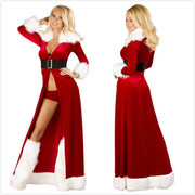 性感圣诞节演出服长袖毛毛，外套长裙圣诞节毛领毛绒，装红色收腰裙
