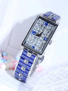 玛丽莎石英机芯指针式蓝色陶瓷女表 方形水晶防水手表
