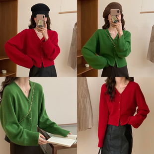 meimei梁美美(梁美美)100%羊毛，红色针织开衫毛衣女(毛衣女)短款宽松慵懒外套上衣