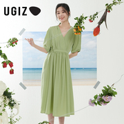 ugiz商场同款2022夏季韩版女装，休闲纯色v领长裙女ubof833