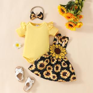 亚马逊女婴向日葵背带裙短袖上衣套装0-1岁女孩纯色上衣花朵裙子