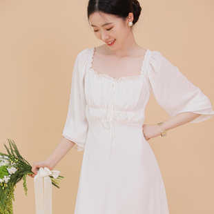 TANSSHOP法式优雅白色连衣裙 雪纺纯色长袖荷叶边方领中长款晨袍