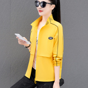 黄色长袖外套女春秋气质减龄时尚，立领卫衣韩版夹克印花上衣百搭潮