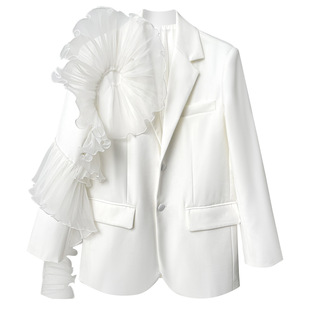 eamstudio高级网纱荷叶边拼接设计感白色，西装外套女春秋大码西服