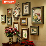 欧式照片墙实木复古美式相片，相框鹿头组合挂墙客厅餐厅背景装饰画