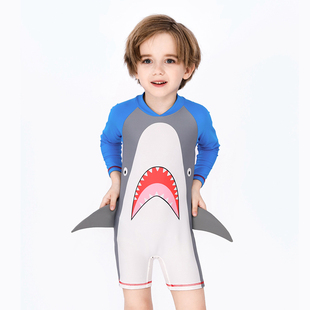儿童泳衣男童连体防晒速干长袖鲨鱼可爱男孩中小童，宝宝泡温泉泳装