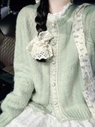 绿色花边设计感针织，毛衣开衫女2024春季文艺，复古慵懒外套上衣