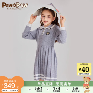 pawinpaw卡通小熊童装，2024年春季女童，学院风淑女长袖连衣裙