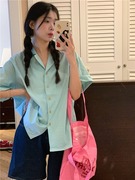 草莓少女韩系百搭蓝绿色条纹短袖衬衫小众夏季宽松休闲T恤