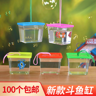 带绳斗鱼杯方杯方盒小鱼塑料透明小型鱼缸昆虫盒宠物盒乌龟缸