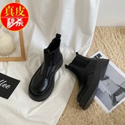 青蕴真皮马丁靴女英伦，风漆皮短靴切尔西靴子，2023厚底秋冬加绒