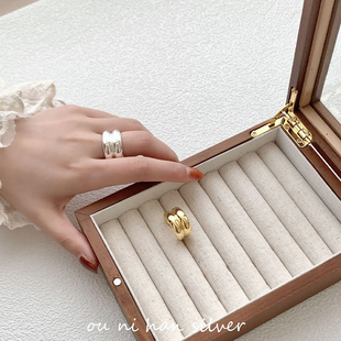 韩国S925纯银双层光面戒指女轻奢风几宽版指环时尚魅力小红书同款