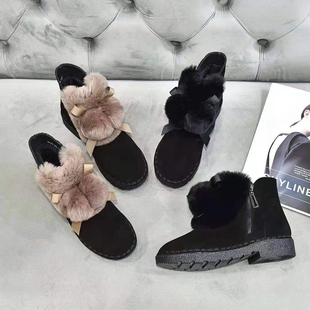 冰洁女鞋2020冬季雪地靴，真皮磨砂皮平跟加绒棉靴侧拉链保暖鞋