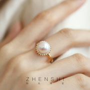 太阳花天然淡水珍珠戒指女款可调节 轻奢优雅复古气质开口戒