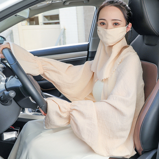 夏季骑电动车防紫外线披肩面纱护颈袖套女开车遮阳棉麻长袖防晒衣