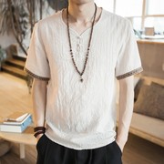 中国风男装盘扣亚麻T恤夏季宽松短袖大码体恤薄款中式复古棉麻T恤