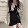 韩国chic复古简约短款长袖，格子衬衫外套，+修身抽绳吊带连衣裙女春