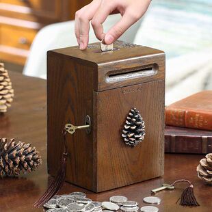 家用实木存钱罐创意，生日礼物不可取带锁储蓄罐男孩女孩储钱罐大号
