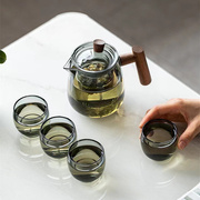 日式烟榭茶壶玻璃茶壶陶炉用煮茶器，围炉煮茶木柄，侧把壶花草壶