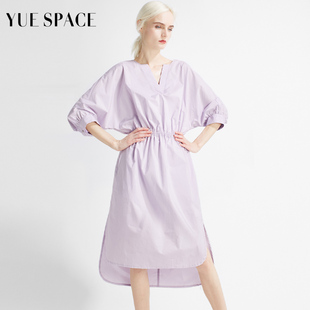 悦空间浅紫色长款连衣裙宽松过膝纯棉蝙蝠袖套头松紧腰原创设计