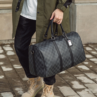 韩版男女士大容量短途旅游出差行李袋，潮流黑格子手提包单肩包