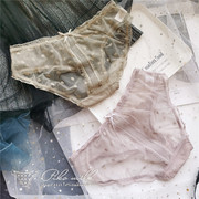 2件茶绿色波点控网纱，蕾丝蝴蝶结半透明可爱低腰女内裤