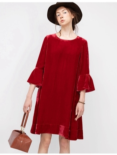 丝绒荷叶袖连衣裙红色圆领宽松显瘦高端气质复古秋冬内搭红可
