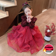 2024春装女童重工亮片珍珠连衣裙，新年礼服红色，蓬蓬裙甜美公主裙子