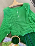 梦幻星座绿色日系蝙蝠，袖针织薄款长袖罩衫，女夏季透视性感上衣