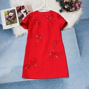 小个红色礼服裙2023春女装复古圆领短袖蝴蝶结，刺绣亮片减龄连衣裙