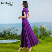 紫色大摆显瘦连衣裙夏季气质别致雪纺收腰超长裙到脚踝762