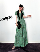 设计款夏季绿色碎花长款连衣裙，优雅法式女士长裙黑色西服领