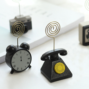 日系简约复古木质桌面留言夹名片照片夹创意可爱仿真相机电话造型