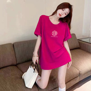 美式复古中国玫红色t恤女夏短袖(夏短袖)女小众，设计感可爱甜美韩系上衣潮