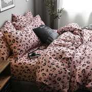 高档网红豹纹北欧黑白床上全棉，四件套纯棉格子床单被套1.8床