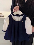 女童学院风套装2024春季儿童洋气时髦木耳领衬衫，背心裙两件套
