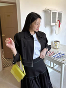 韩国chic春季复古气质翻领明线设计长袖外套+高腰百搭半身裙套装