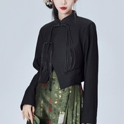 新中式西装短外套女立领设计马面裙百搭上衣流苏盘扣上衣潮款黑色