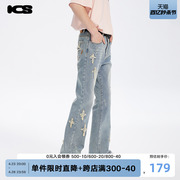 夏之光同款 iconslab 贴布十字星微喇裤做旧牛仔裤设计感裤子