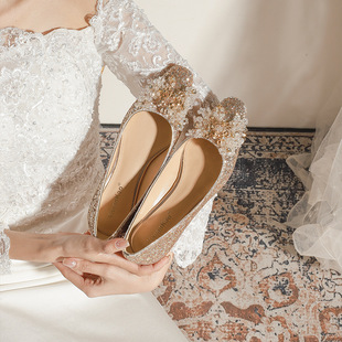 水晶平底婚鞋孕妇可穿金色亮片新娘，鞋女禾秀主，婚纱两穿婚鞋单鞋春
