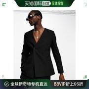 香港直邮潮奢 ASOS 男士设计修身双排扣无领西装外套(黑色)