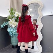 女童新中式大红色娃娃领加绒连衣裙，秋冬装喜庆假二件民族风公主裙