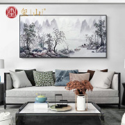 纯手绘油画江山如画客厅，沙发背景墙装饰画卧室，床头横版挂画金色