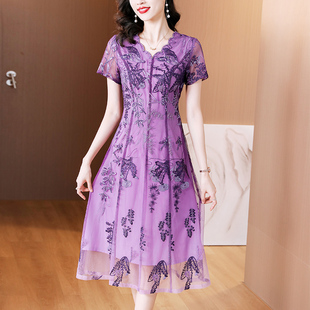 2024夏季高端精致紫色古典连衣裙气质中年妈妈女V领蕾丝裙子