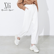 XG雪歌白色运动休闲裤女2023春季设计感收口束脚直筒宽松裤子