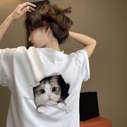 美式百搭韩系短袖T恤女情侣装小众猫咪甜美学生减龄上衣半袖